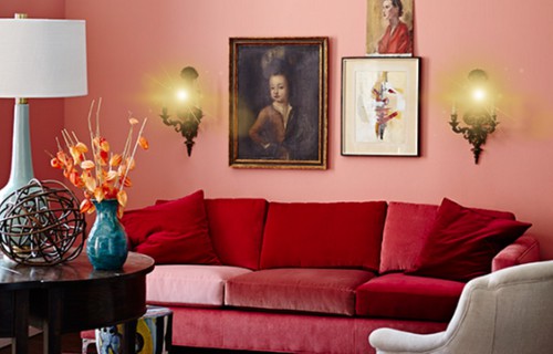 peach-wall-with-red-couch