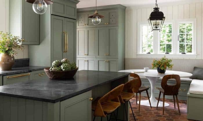 green-cabinets-with-black-granite-countertops