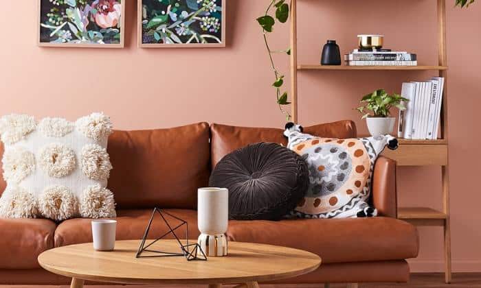 pink-color-with-brown-leather-sofa